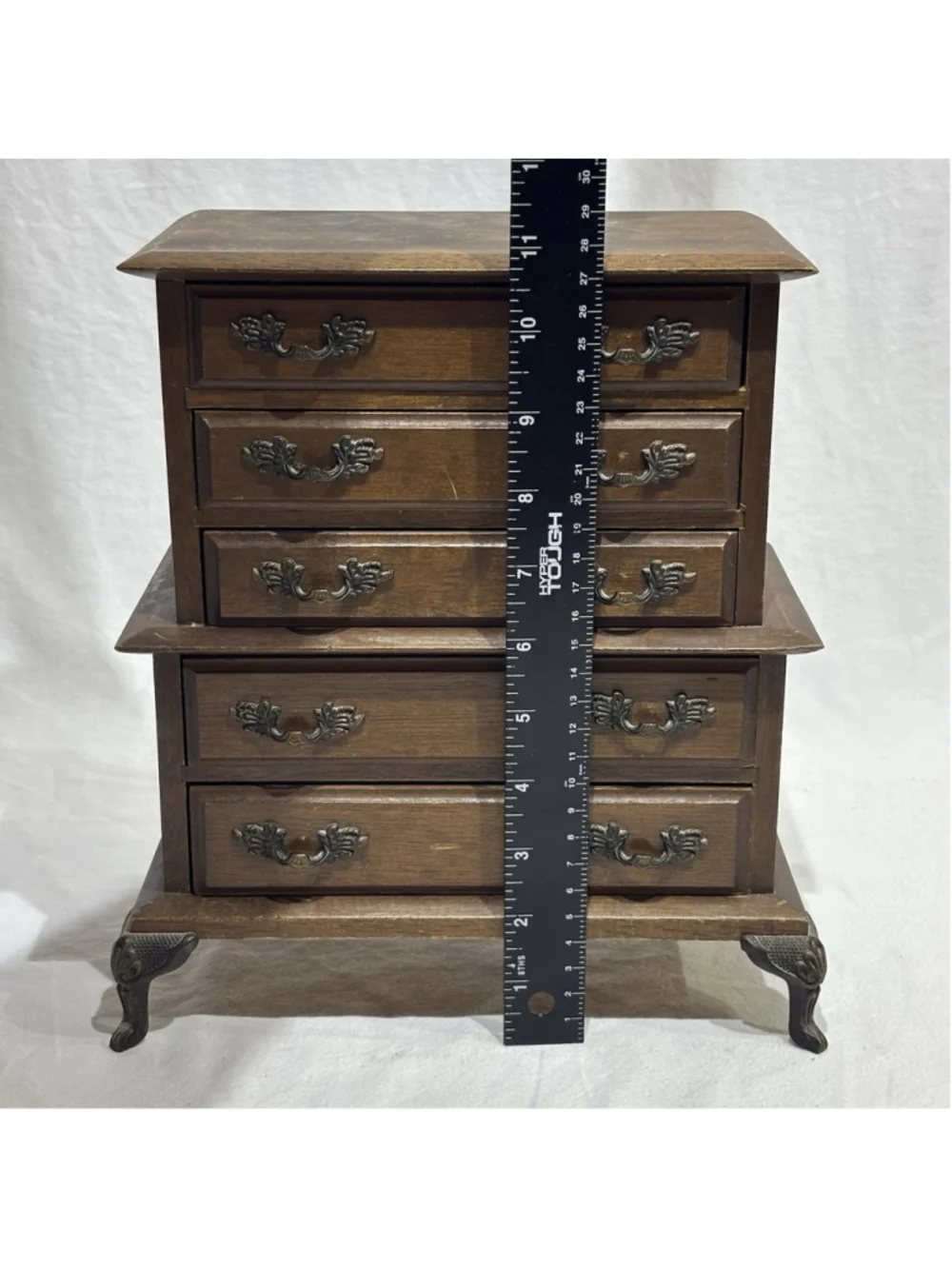 Vintage Wood 5 Drawer Jewelry Music Box Mini Dresser Queen Anne Claw Feet NO KEY